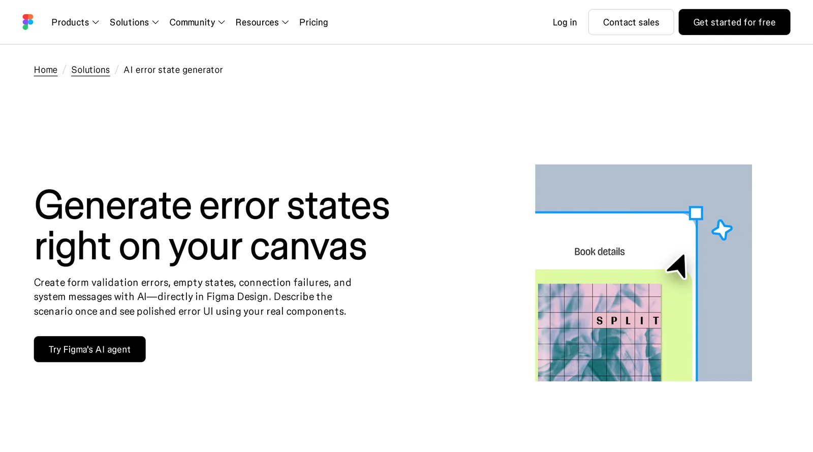 Figma solutions page titled Generate error states right on your canvas, describing form validation errors, empty states, connection failures and system messages created with AI in Figma Design