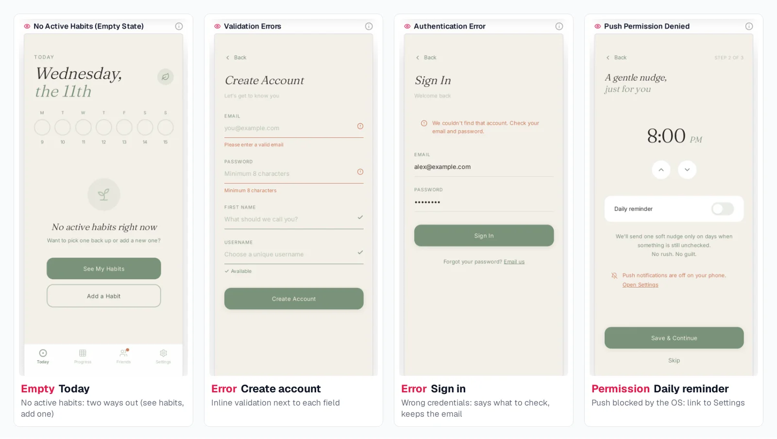 Four generated mobile states in Mowgli: Today screen with no active habits, create account with validation errors, sign in with an authentication error, and daily reminder with push permission denied
