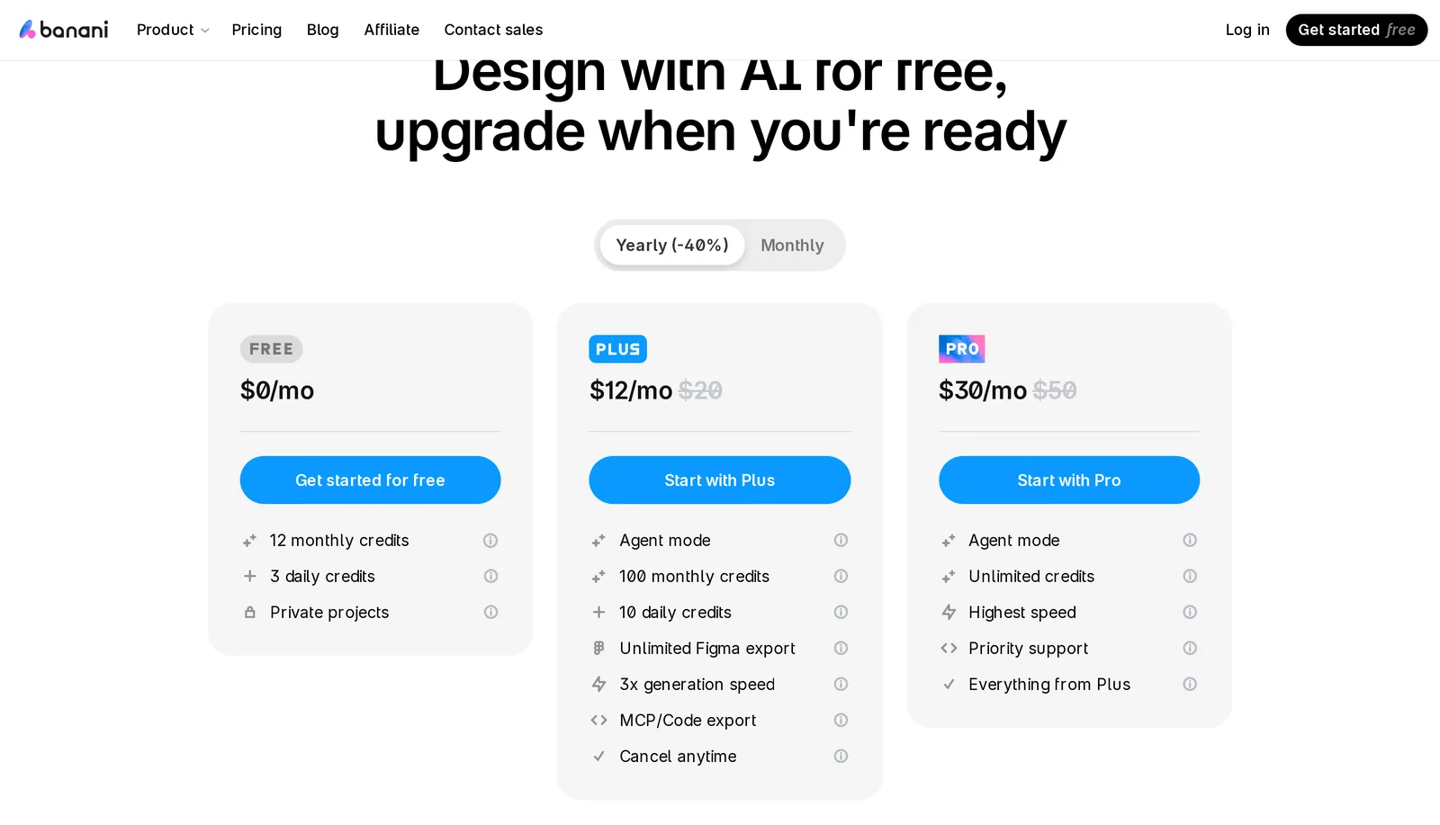 Banani pricing page on yearly billing: Free 0 dollars with 12 monthly and 3 daily credits, Plus 12 dollars a month (20 crossed out) with 100 monthly and 10 daily credits and Figma export, Pro 30 dollars a month (50 crossed out) with unlimited credits