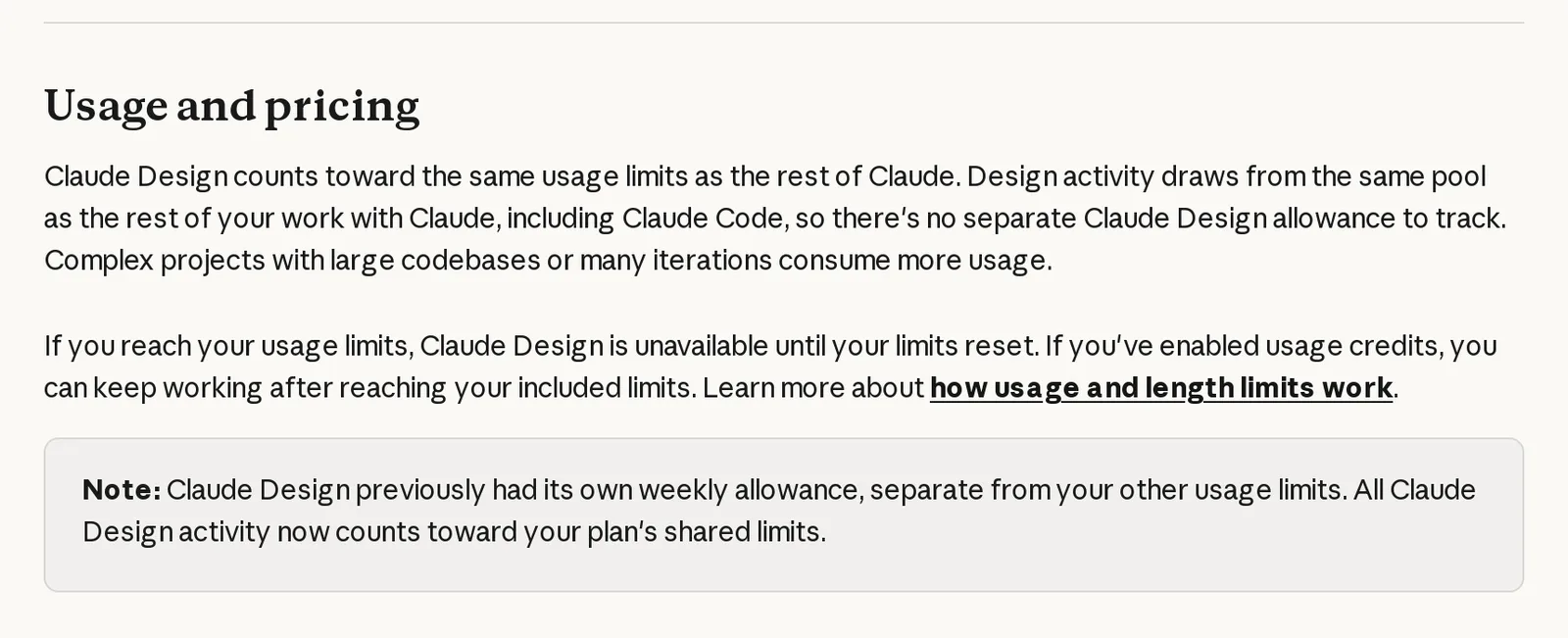 Claude Help Center section Usage and pricing stating that Claude Design counts toward the same usage limits as the rest of Claude, and a note that it previously had its own weekly allowance