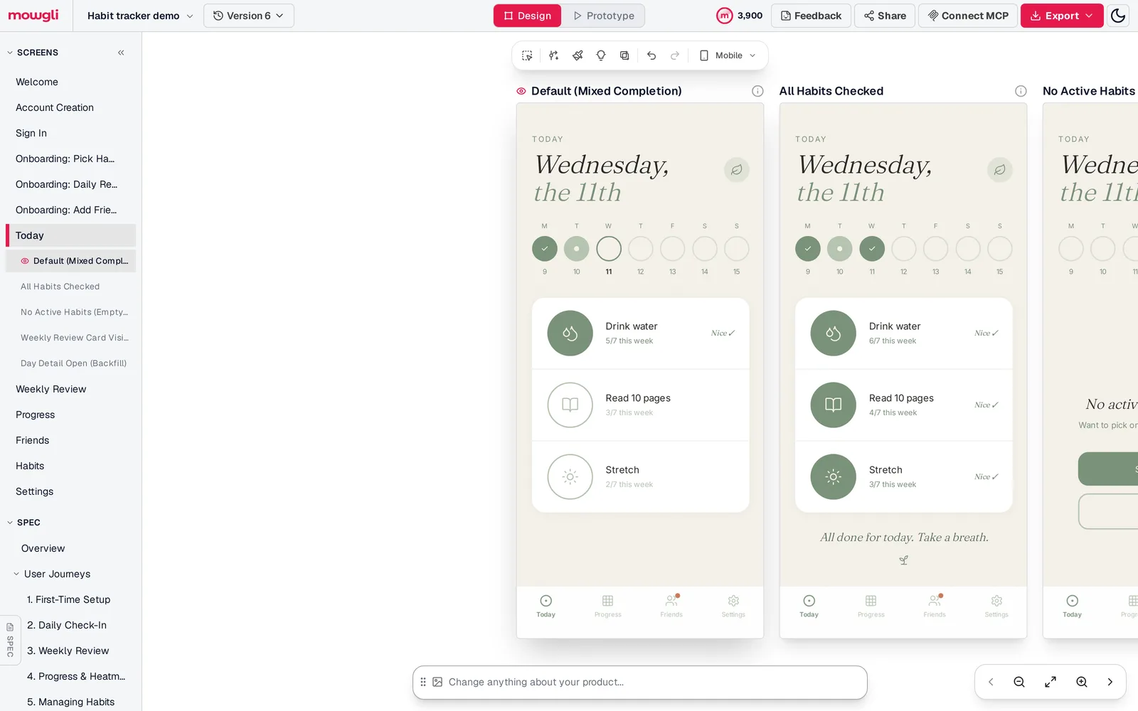 Mowgli editor for a habit tracker app: sidebar listing generated screens including Welcome, Account Creation, Sign In, three onboarding screens, Today with five states, Weekly Review, Progress, Friends, Habits and Settings, with the Today screen states side by side on the canvas
