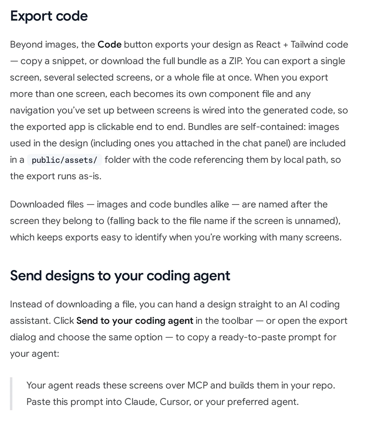 Flowstep docs section Export code describing React plus Tailwind export