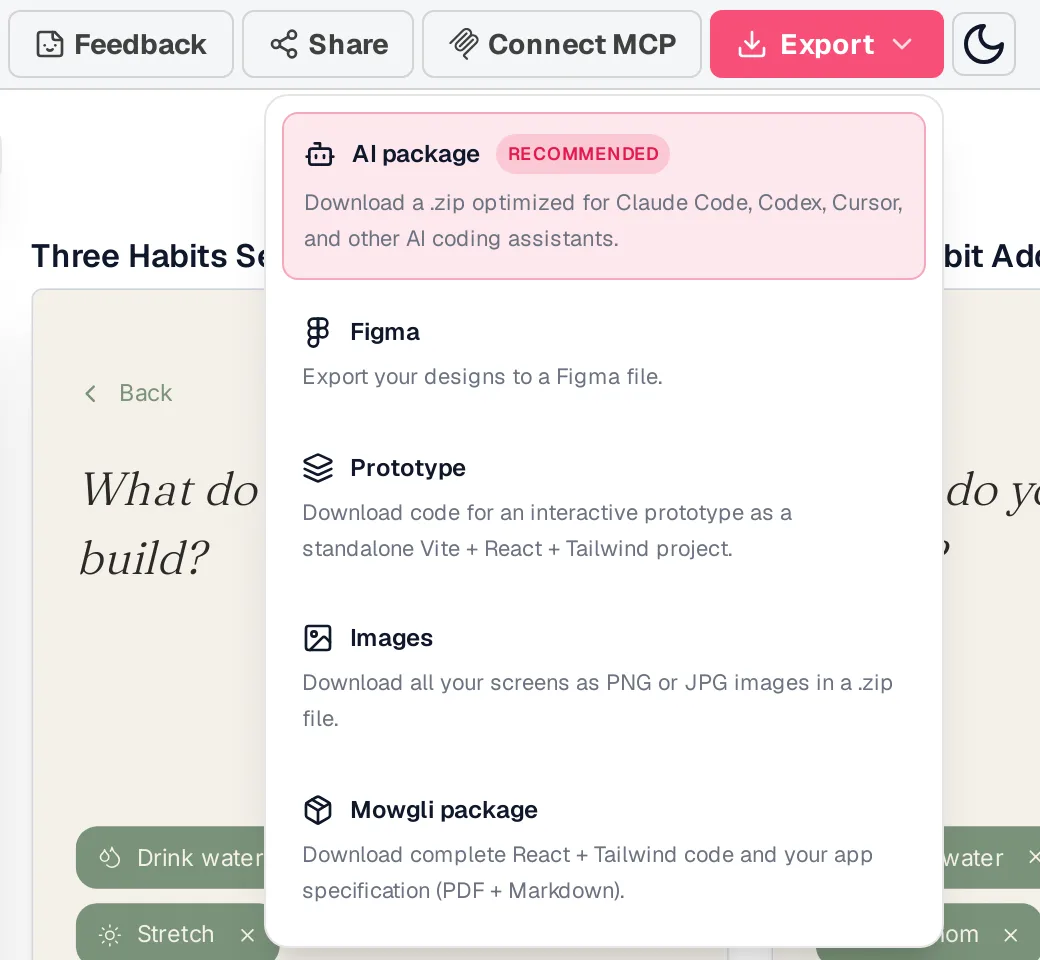 Mowgli Export menu with AI package, Figma, Prototype, Images and Mowgli package options