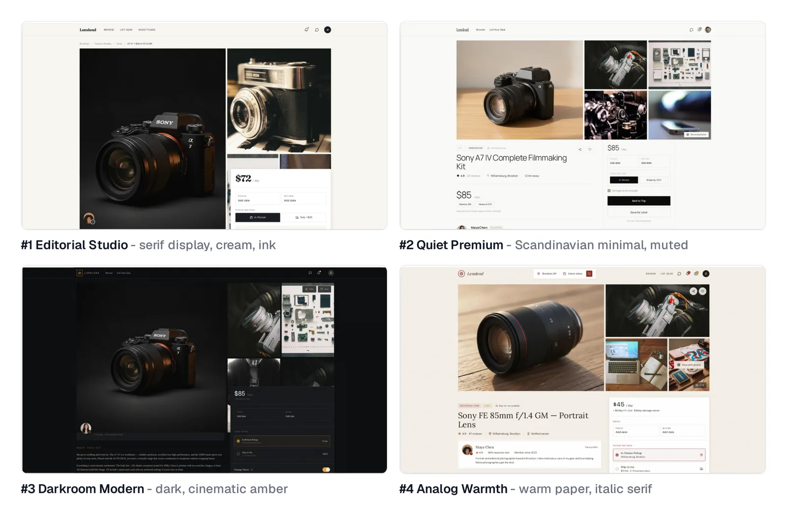 The same camera rental listing page from a Mowgli demo in four themes: Editorial Studio in cream with a serif price, Quiet Premium in a light minimal style, Darkroom Modern in black with amber accents, and Analog Warmth in warm paper tones