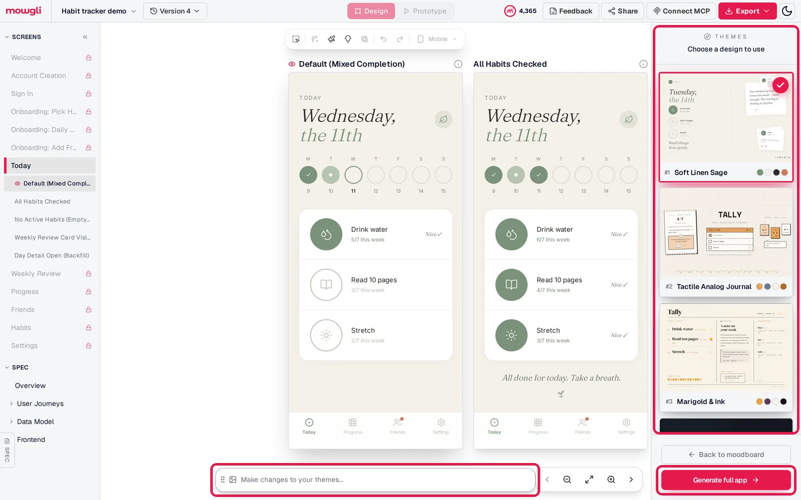 Mowgli preview step: the habit tracker Today screen in two states rendered in the Soft Linen Sage theme, with a Themes panel on the right listing the four picked directions, a Make changes to your themes chat box and a Generate full app button, all outlined in red