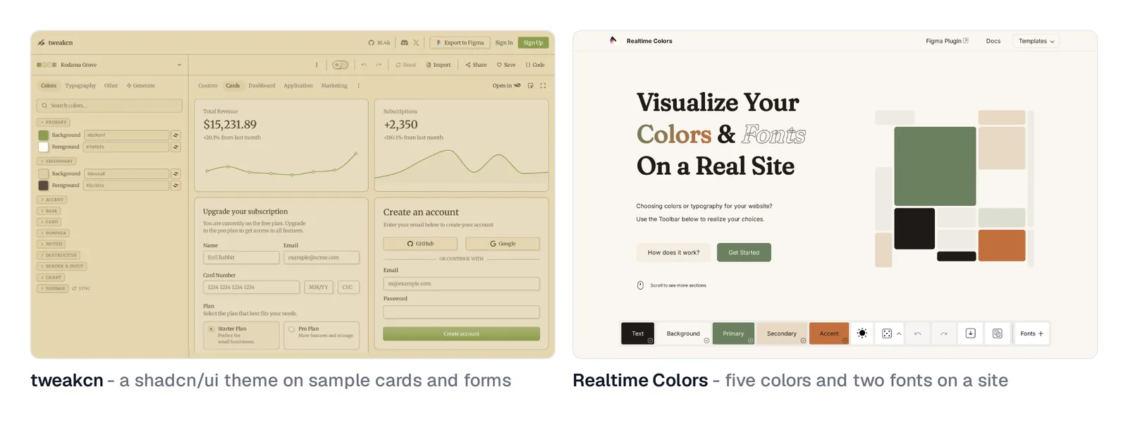 Side by side: the tweakcn theme editor showing the Kodama Grove preset applied to sample revenue cards and a sign-up form, and Realtime Colors showing a sage, cream and terracotta palette with serif fonts on a website hero