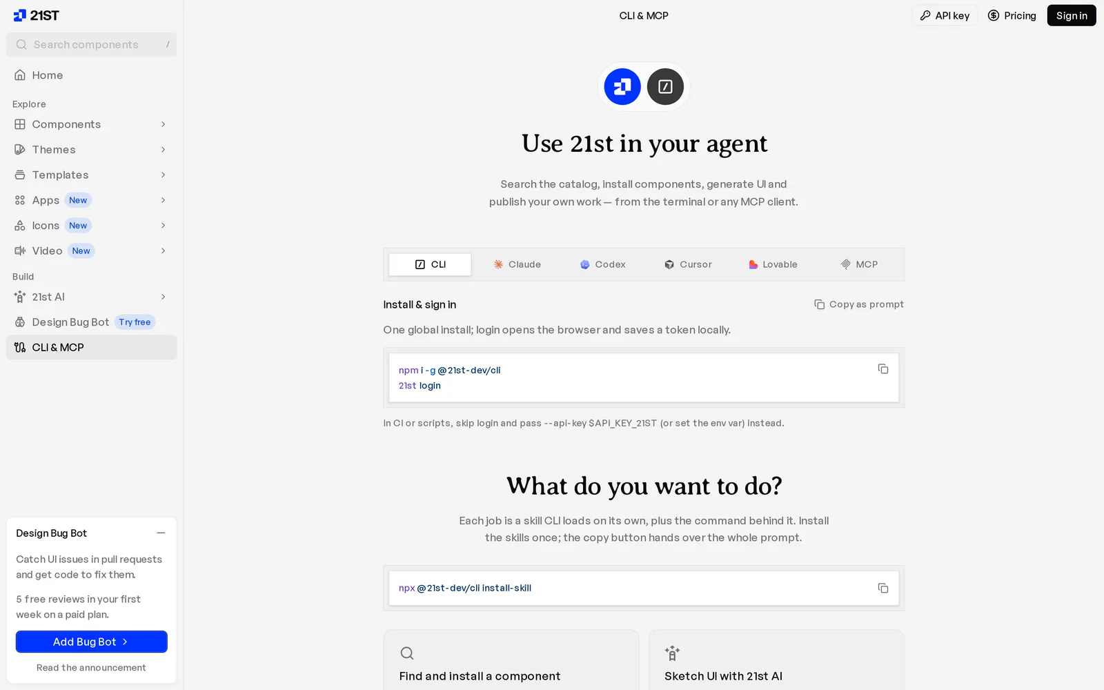21st.dev CLI and MCP page titled Use 21st in your agent with tabs for CLI, Claude, Codex, Cursor, Lovable and MCP