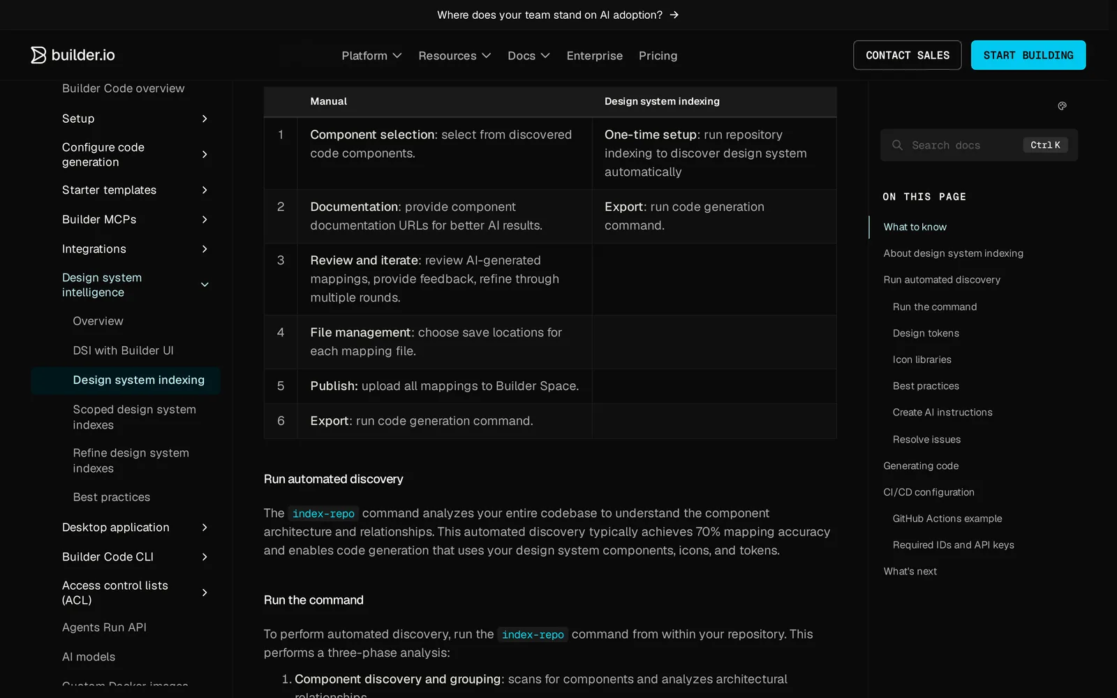 Builder.io docs page Design system indexing comparing manual mapping with the index-repo command
