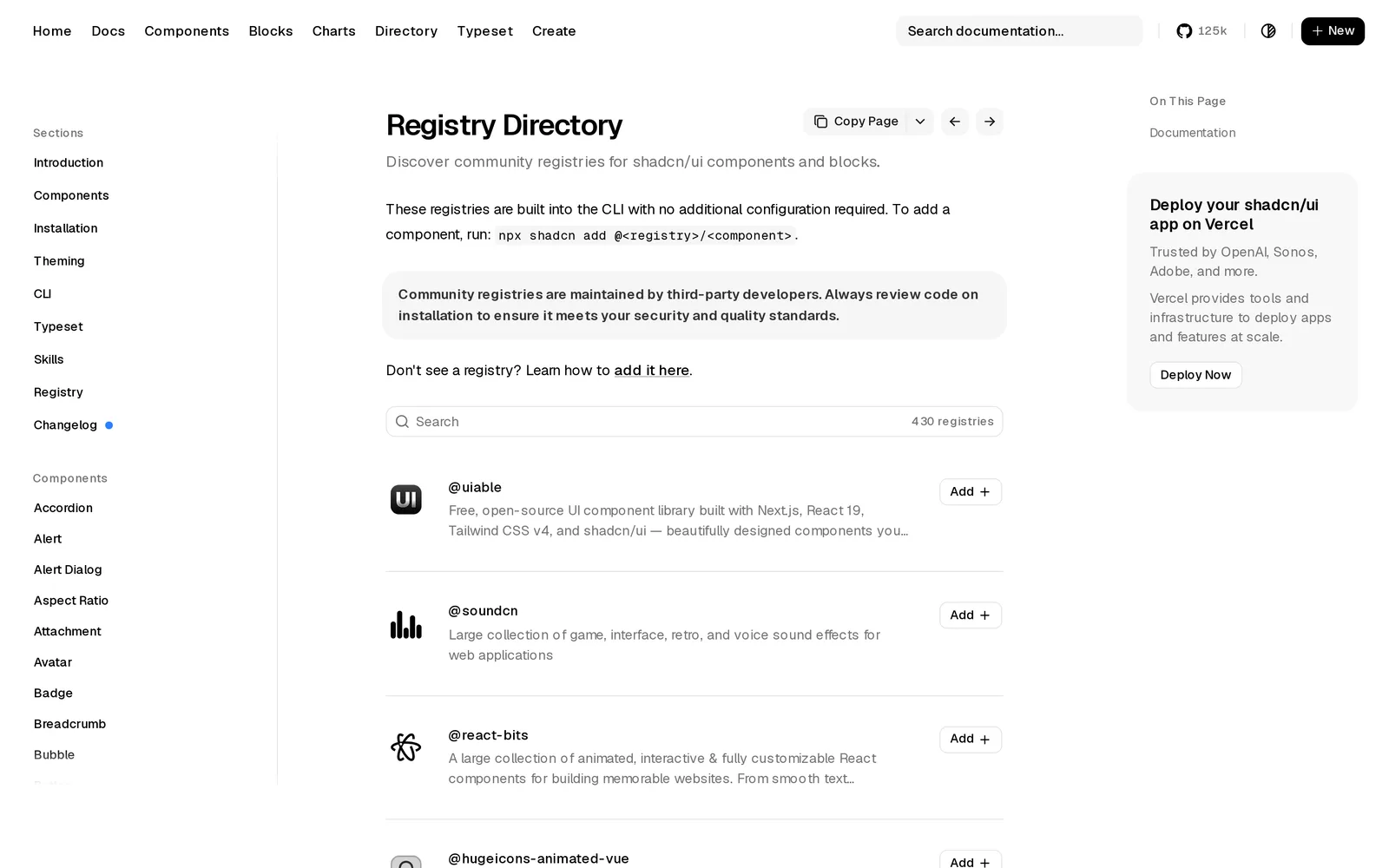 shadcn/ui Registry Directory page listing community registries with Add buttons and a 430 registries counter