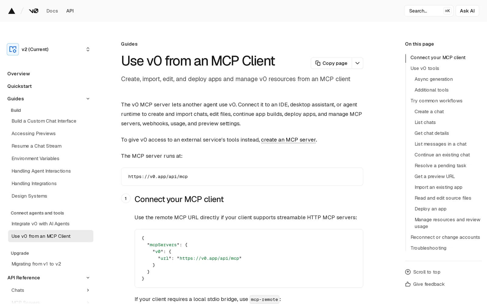 v0 docs page Use v0 from an MCP Client showing the server URL and an mcpServers JSON config