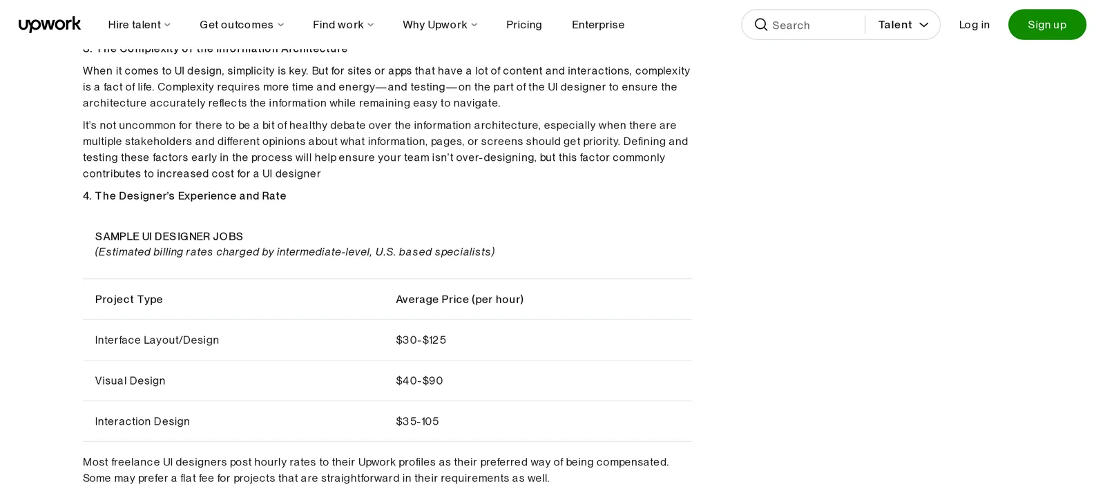 Upwork table of sample UI designer jobs with estimated billing rates for intermediate-level US-based specialists: interface layout/design $30-$125 per hour, visual design $40-$90, interaction design $35-105