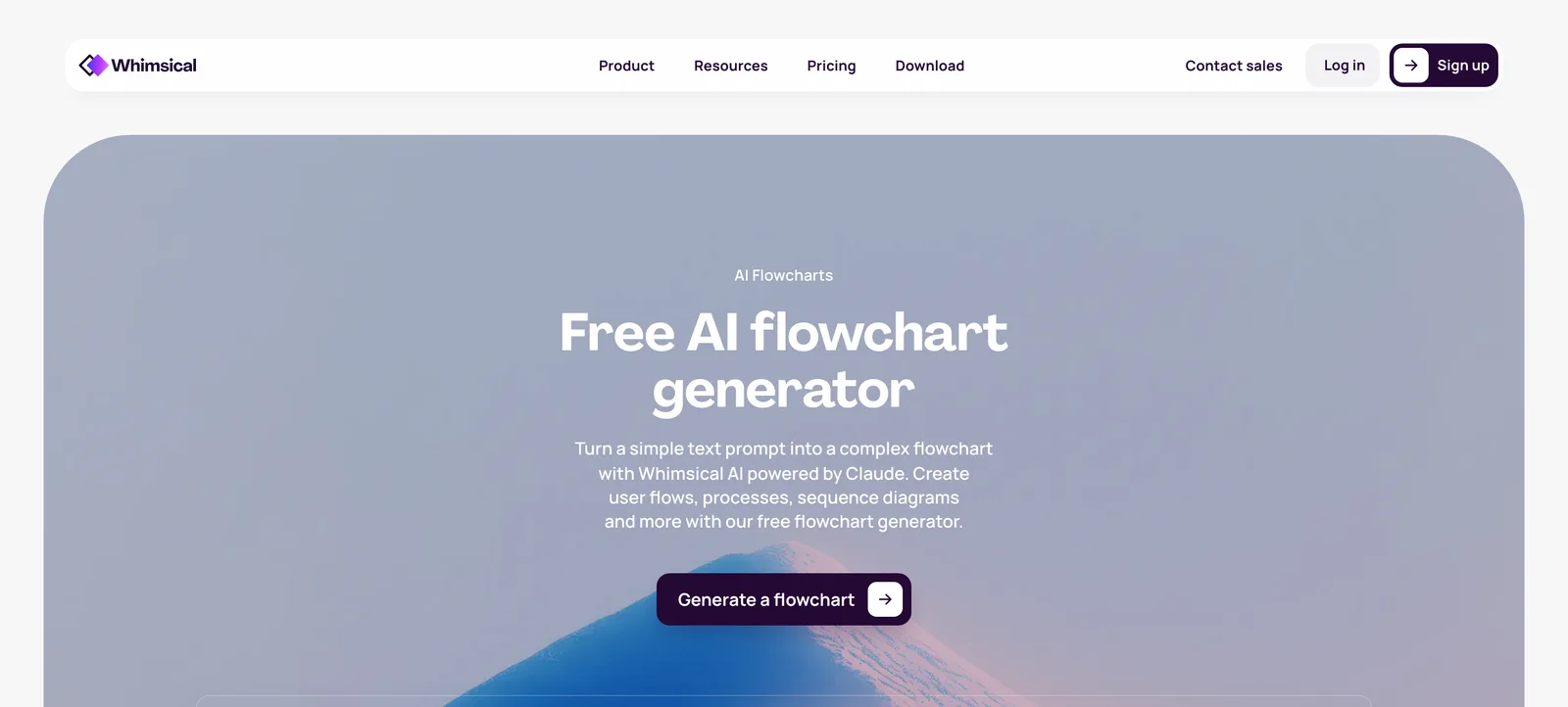 Whimsical page for its free AI flowchart generator, which creates user flows from a text prompt