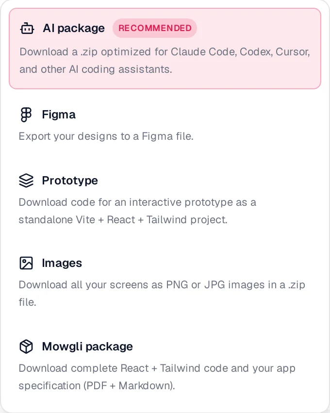 Mowgli Export menu listing AI package, Figma, Prototype, Images and Mowgli package