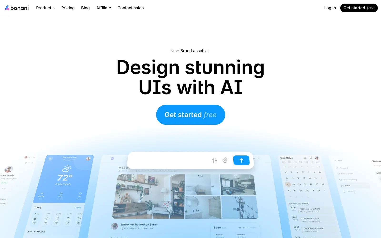 Banani homepage with the headline Design stunning UIs with AI, a Get started free button and a prompt box over sample weather, rental and calendar screens