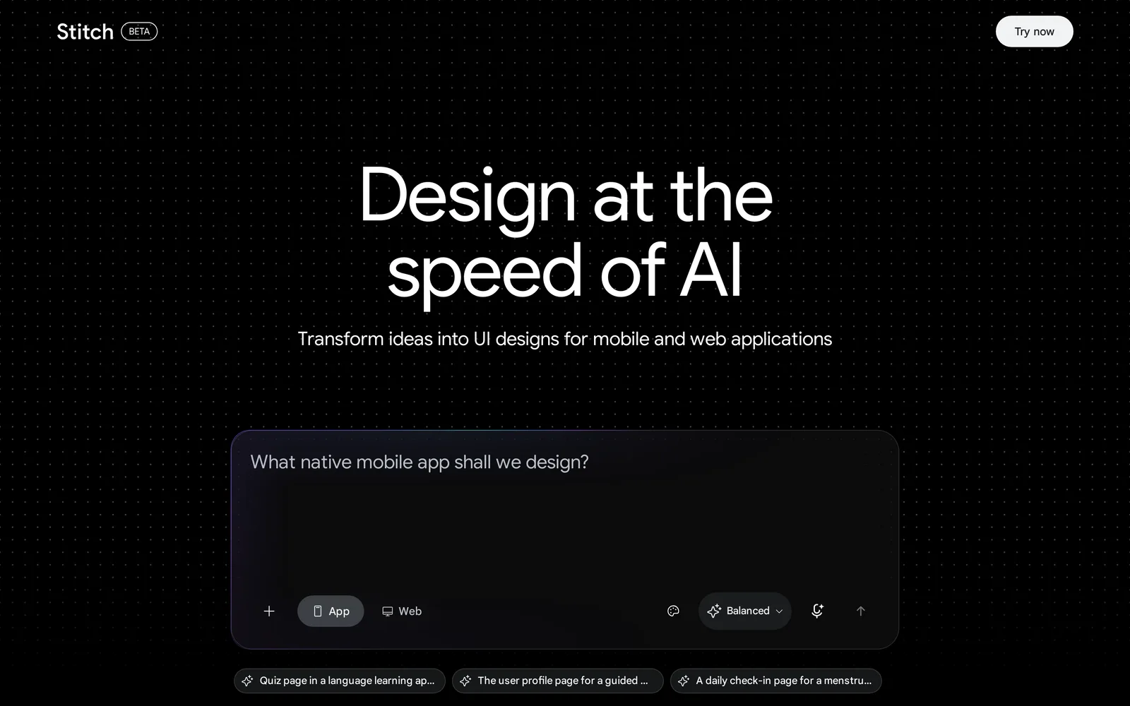 Google Stitch beta homepage with the headline Design at the speed of AI and a prompt box asking what native mobile app shall we design, with App and Web toggles