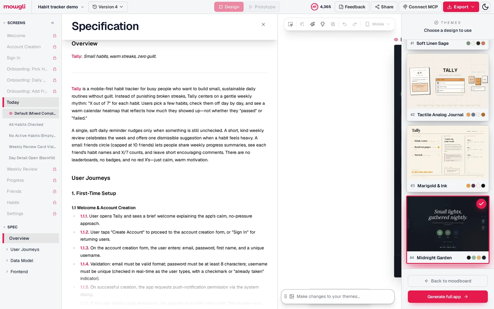 Mowgli specification panel with the product overview for Tally, a habit tracker, and numbered user journey steps, next to four visual theme previews