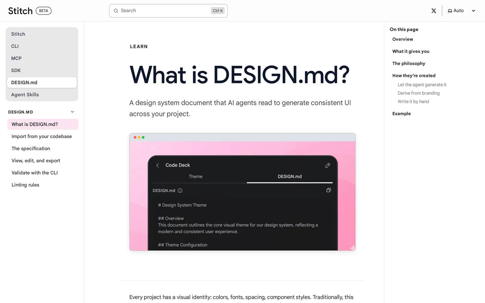 Google Stitch docs page What is DESIGN.md: a design system document agents read to generate consistent UI