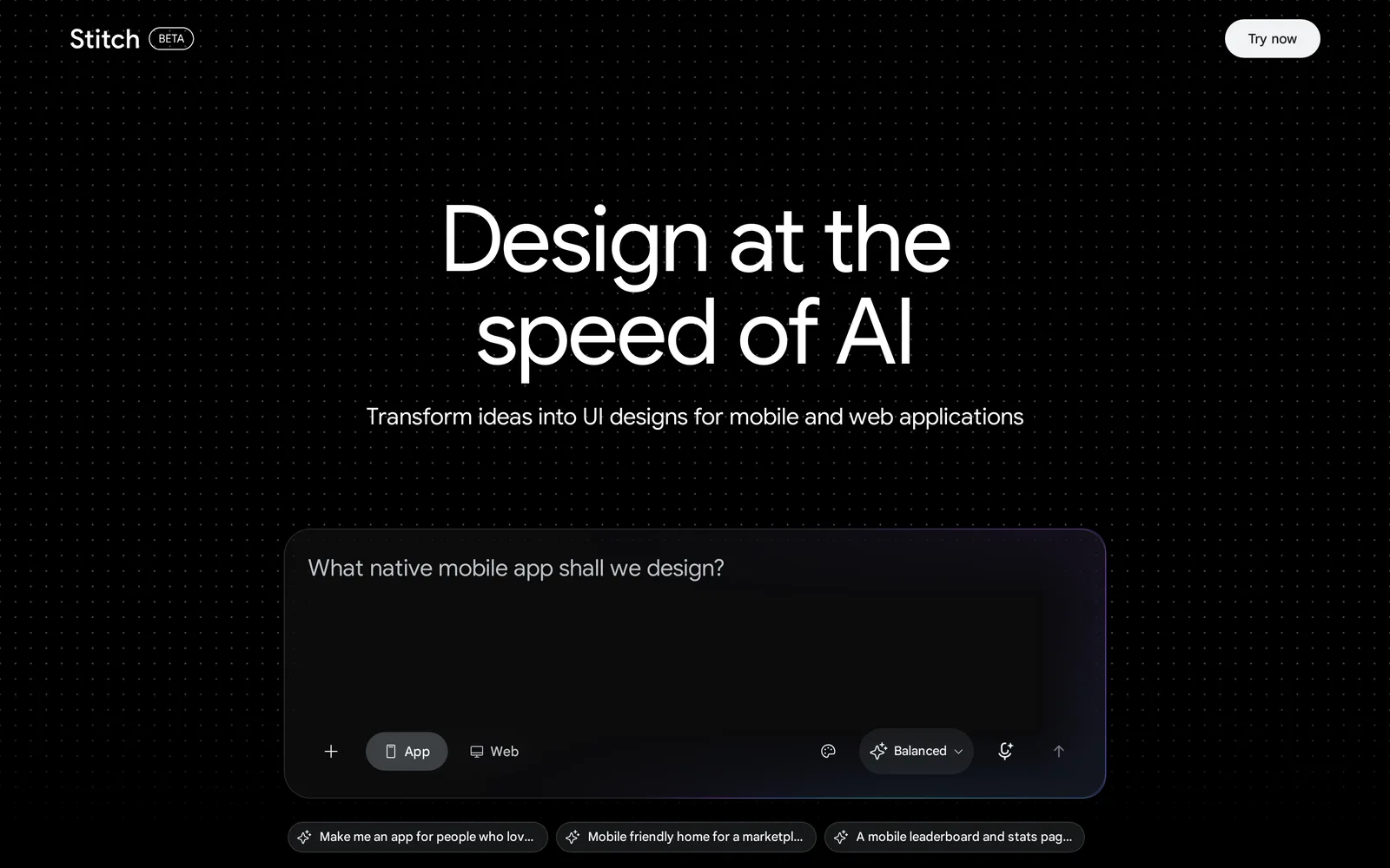 Google Stitch home page with the headline Design at the speed of AI, a prompt box asking What native mobile app shall we design, and App and Web toggles