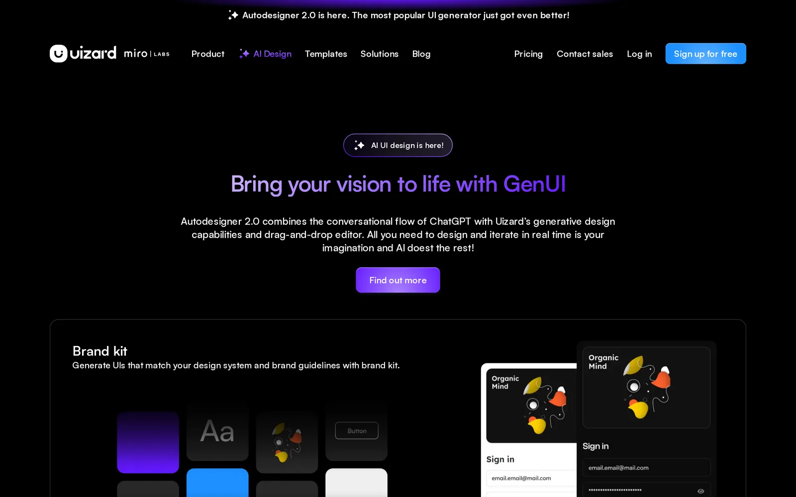 Uizard Autodesigner 2.0 page with the headline Bring your vision to life with GenUI and a brand kit section showing generated mobile sign-in screens