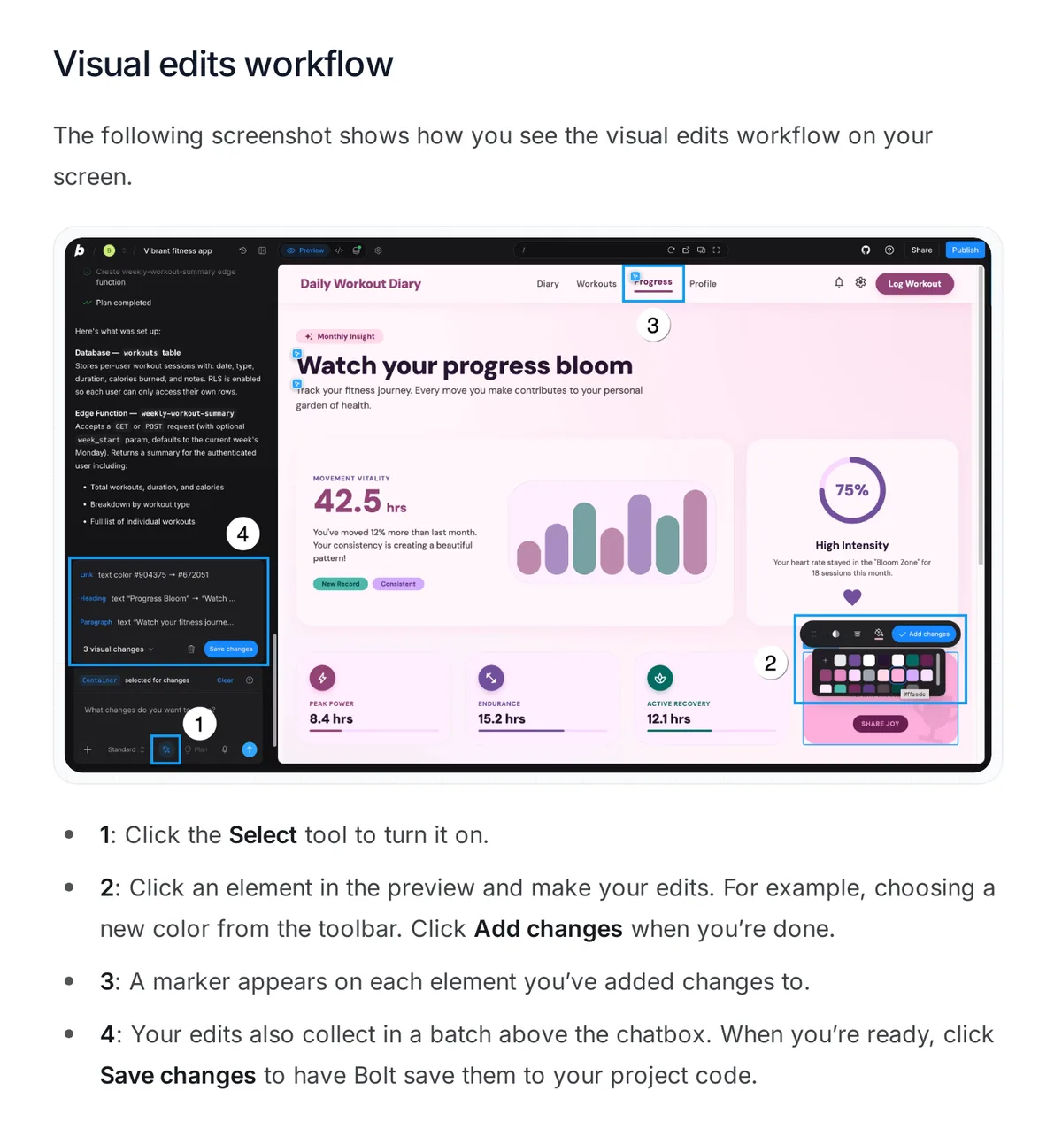 Bolt help center Visual edits workflow: a fitness app preview with the Select tool on, a color picker toolbar on a selected element, markers on edited elements and a batch of three visual changes with a Save changes button above the chatbox