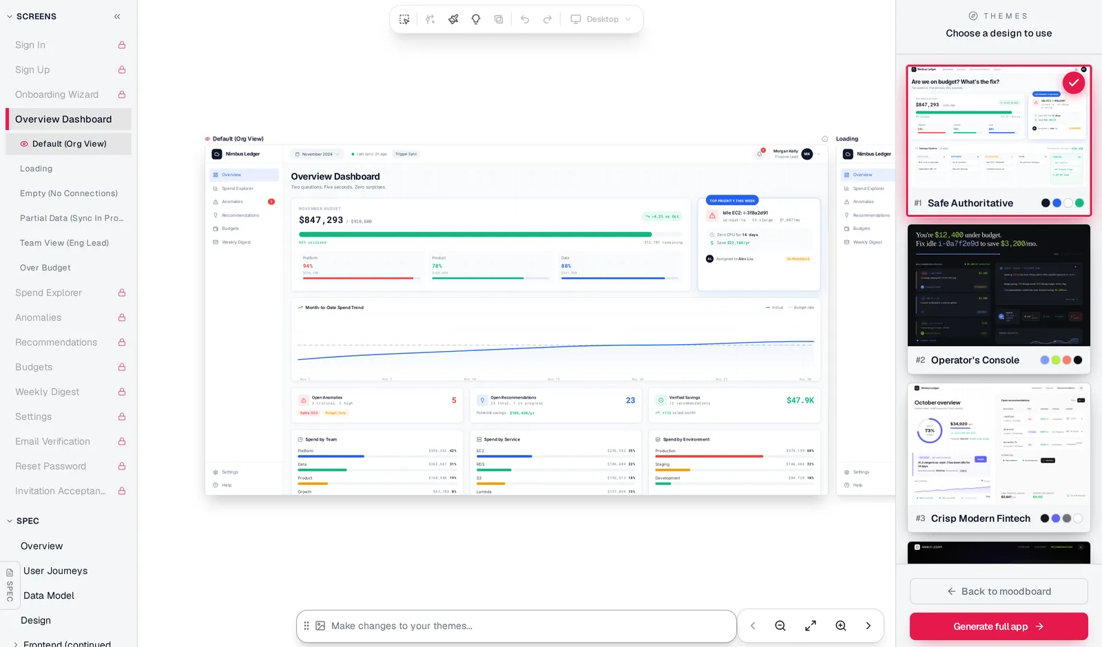 Mowgli editor previewing a chosen theme on a SaaS overview dashboard, with the screen list showing the dashboard's Loading, Empty, Partial Data, Team View and Over Budget states and four directions in the theme picker