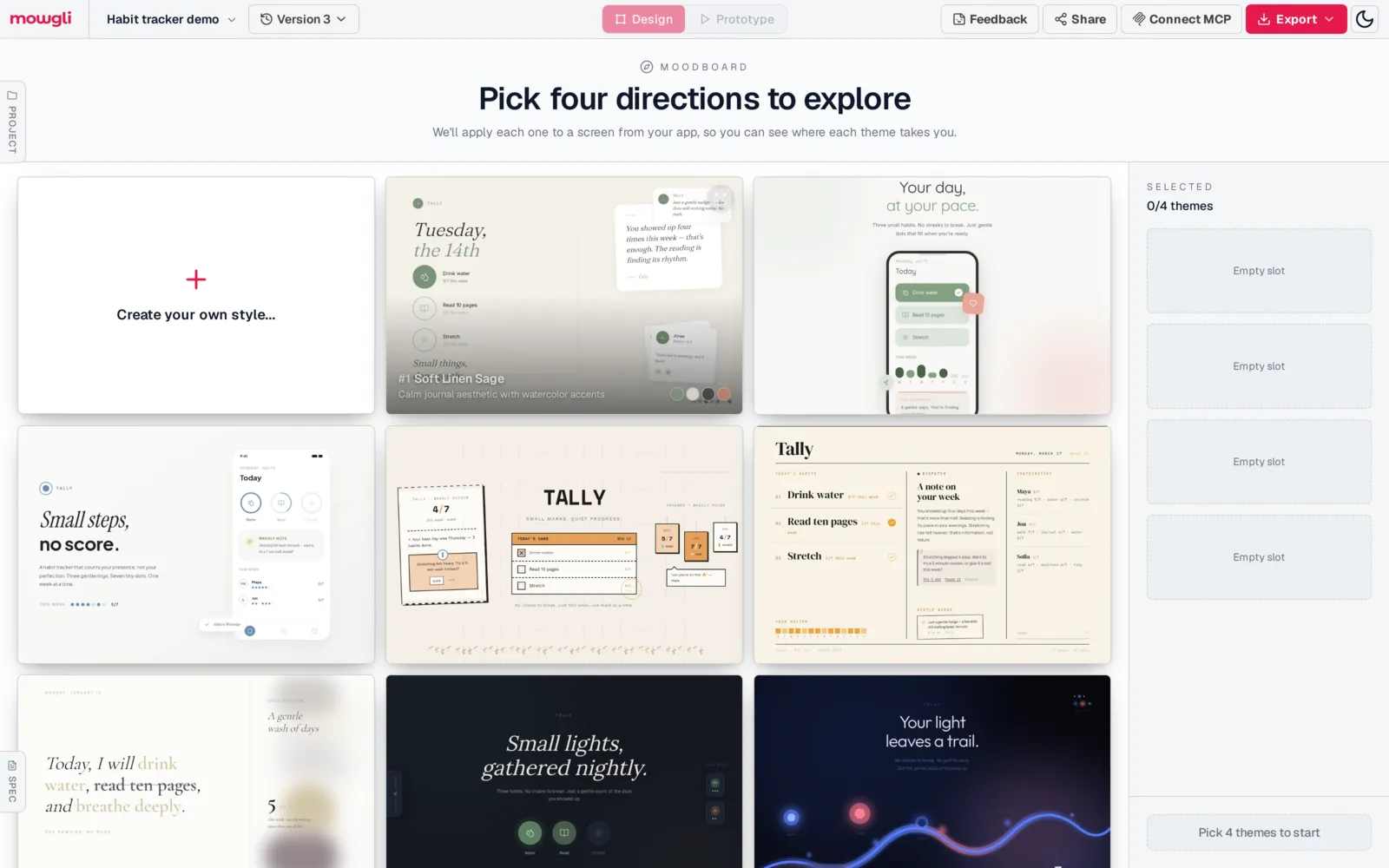 Mowgli moodboard showing a grid of distinct visual directions for a habit tracker app