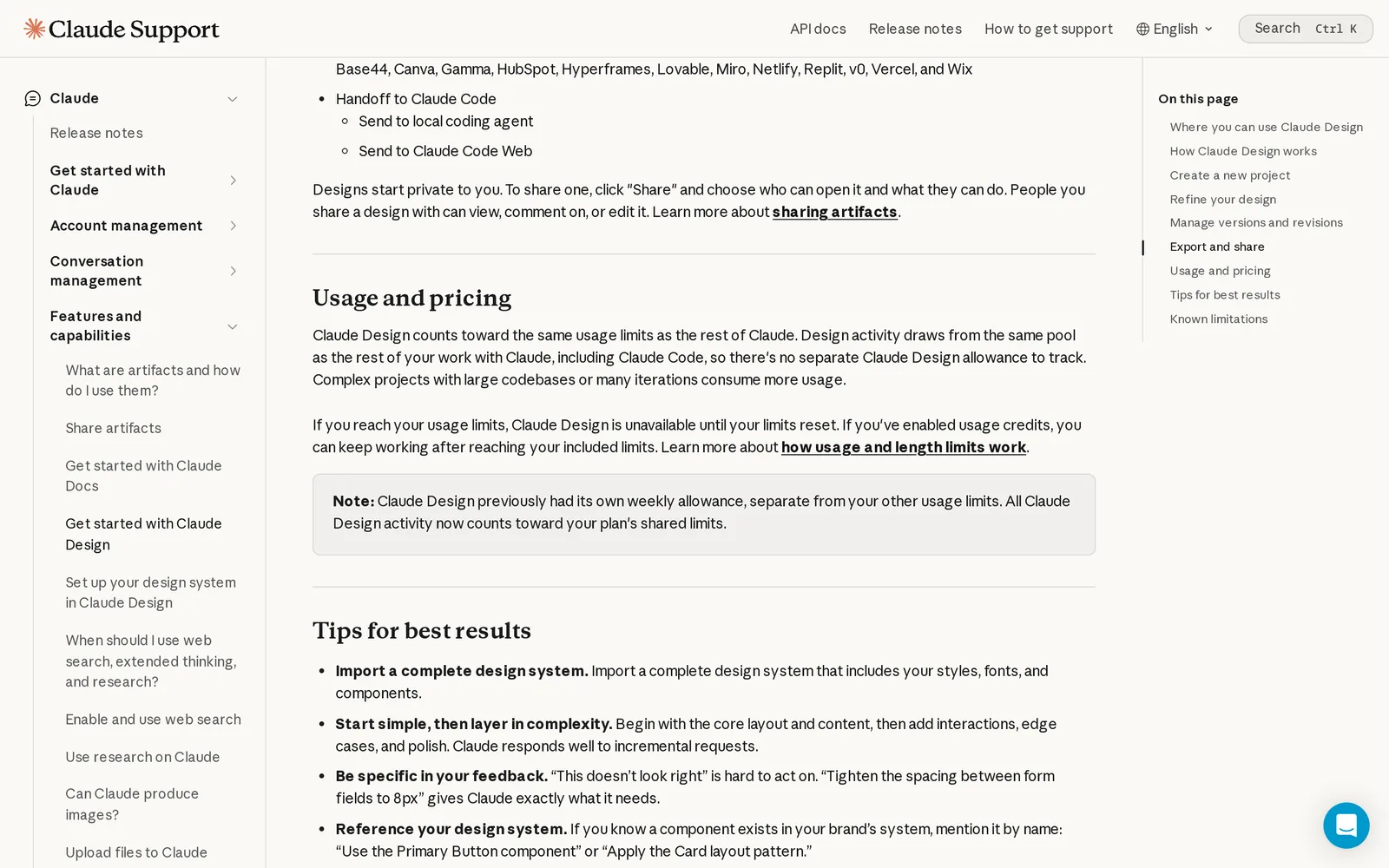 Claude help center article listing Handoff to Claude Code with Send to local coding agent and Send to Claude Code Web, followed by the Usage and pricing section