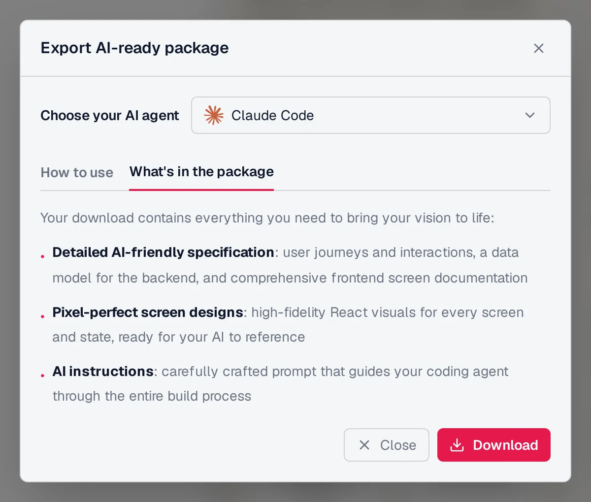 Mowgli Export AI-ready package dialog with Claude Code selected, listing a detailed AI-friendly specification, pixel-perfect screen designs for every screen and state, and AI instructions