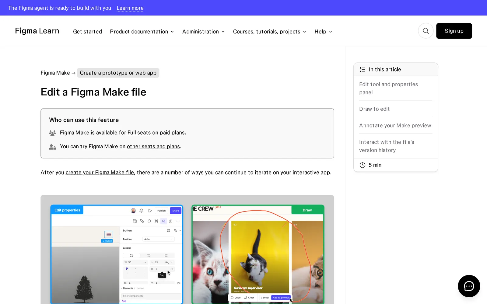 Figma help article Edit a Figma Make file with the properties panel and draw tool