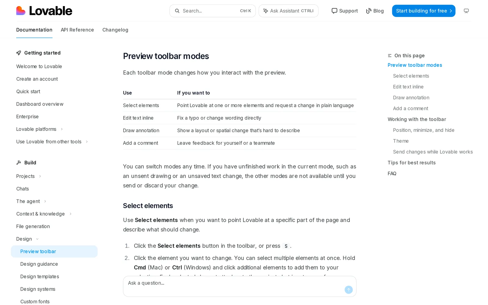 Lovable docs table of preview toolbar modes: select elements, edit text inline, draw annotation, add a comment