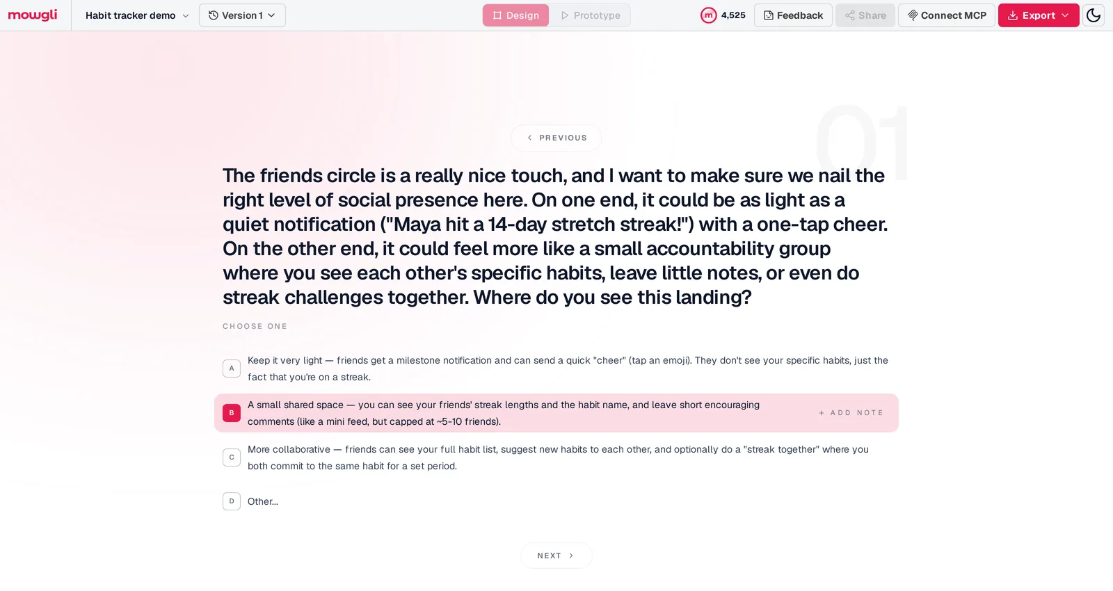 Mowgli questionnaire question 01 for a habit tracker: how social the friends circle should be, with four answer options and option B, a small shared space, selected
