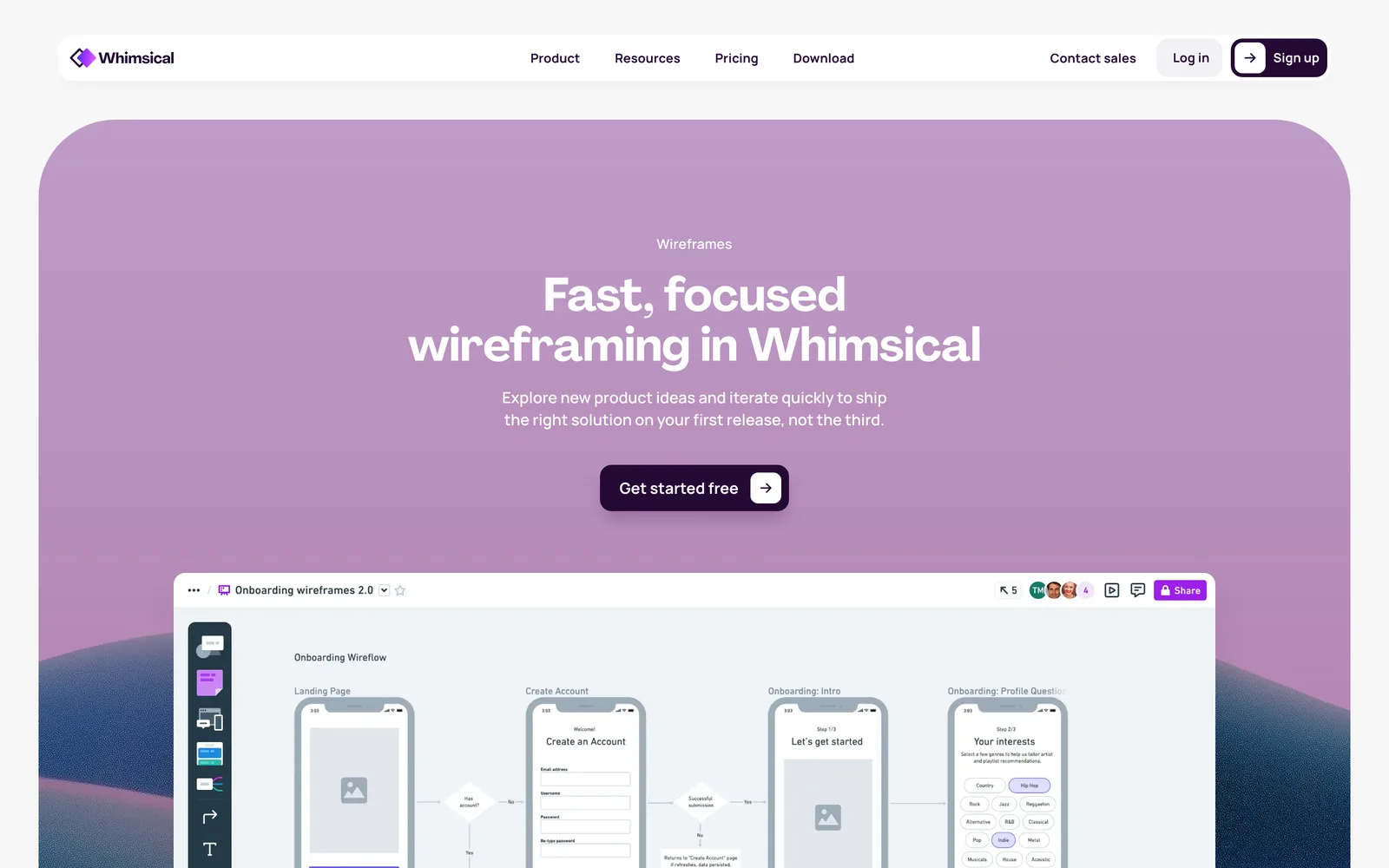 Whimsical wireframes page with the headline Fast, focused wireframing in Whimsical and an example onboarding wireflow of grey low-fidelity phone screens connected by arrows
