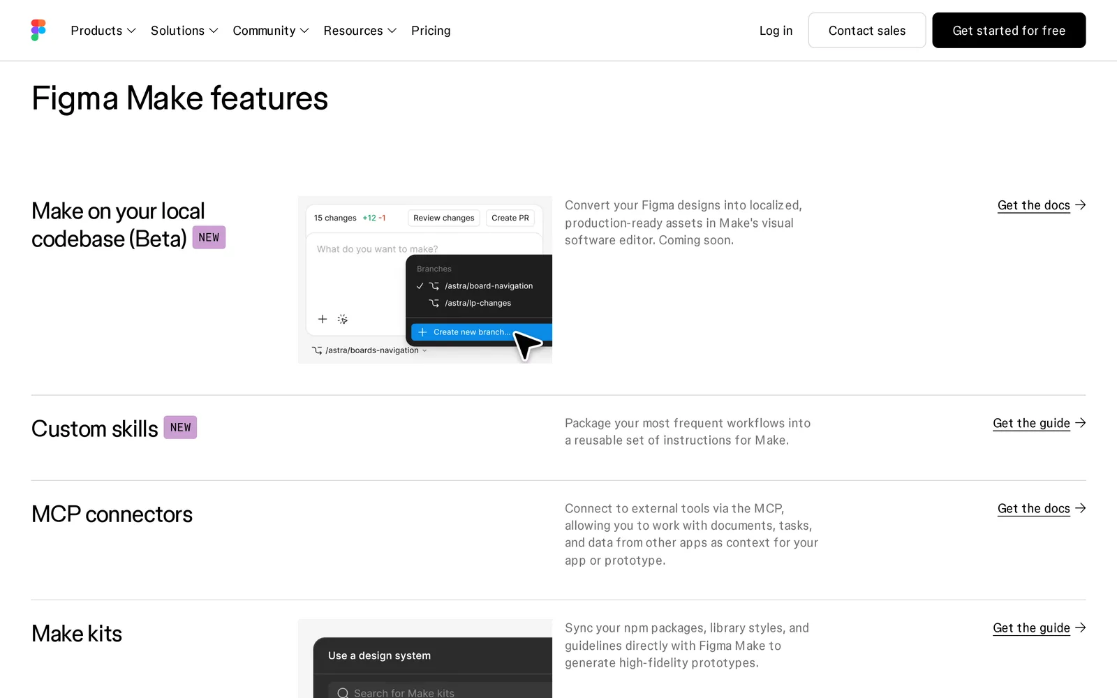Figma Make features list on figma.com: Make on your local codebase (Beta, new), Custom skills (new), MCP connectors, and Make kits, which sync npm packages, library styles and guidelines
