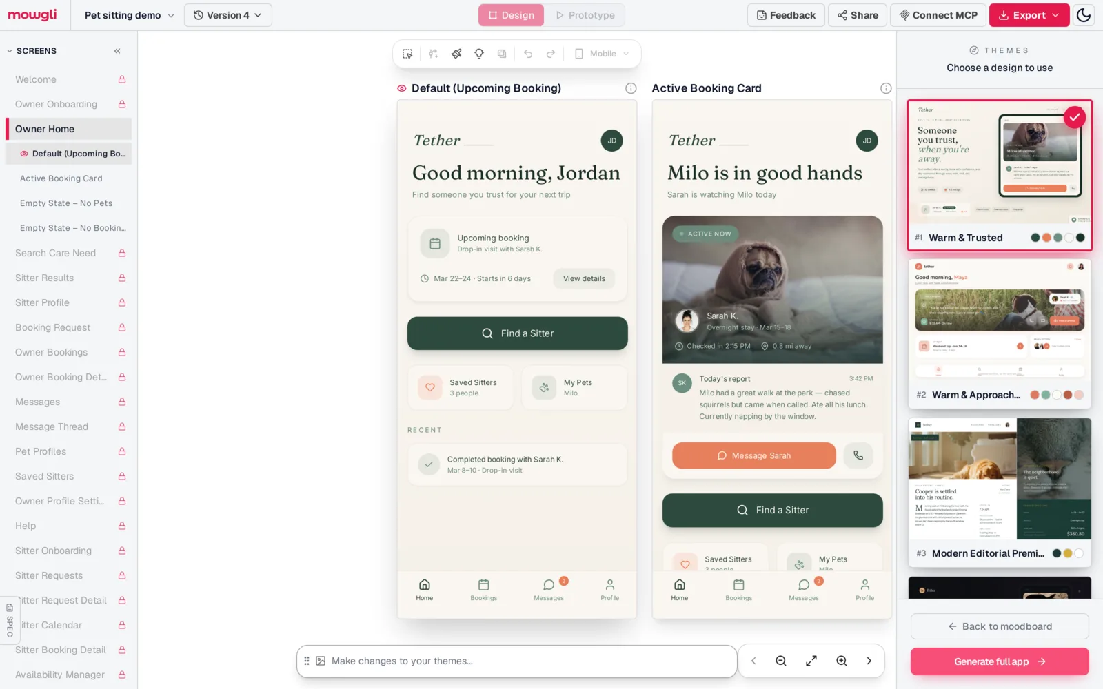 Mowgli canvas previewing the Warm and Trusted theme on the Owner Home screen in two states, upcoming booking and active booking, with four theme cards on the right and a Generate full app button