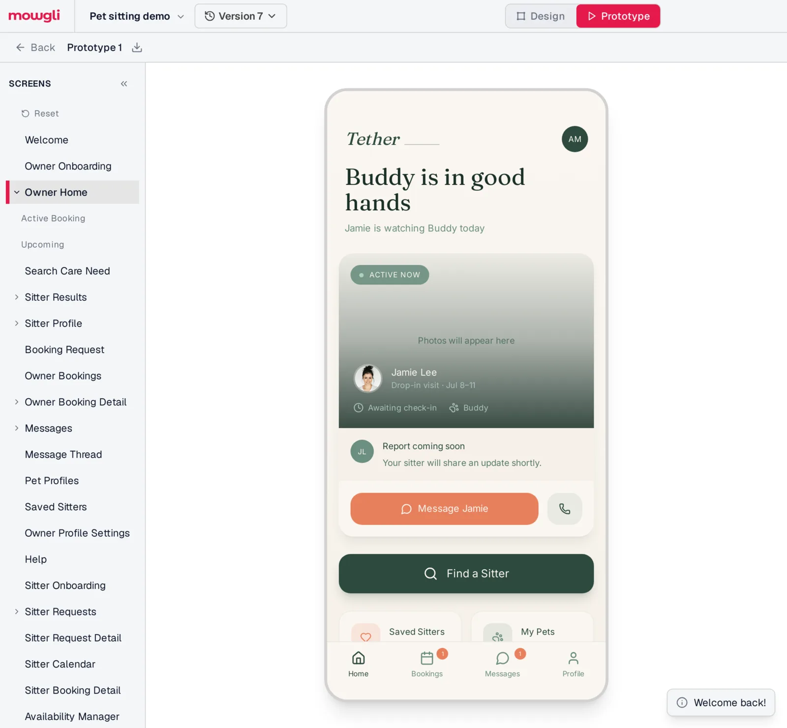 Mowgli prototype mode with a phone frame showing the Tether owner home during an active booking, the screen list on the left, and a Back and Prototype 1 header