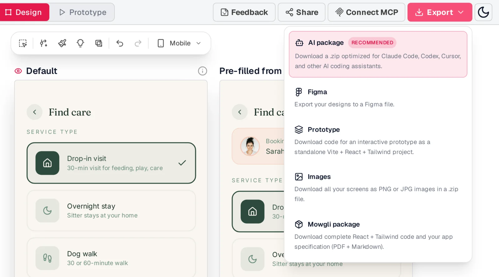Mowgli export menu listing AI package (recommended), Figma, Prototype, Images and Mowgli package, open over the Find care screen