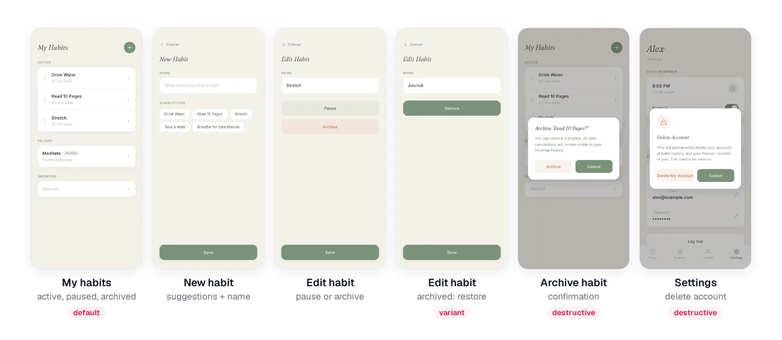 Habit management screens: list with active, paused and archived sections, new habit with suggestions, edit habit with pause and archive, archived habit with restore, archive confirmation modal, and delete account confirmation
