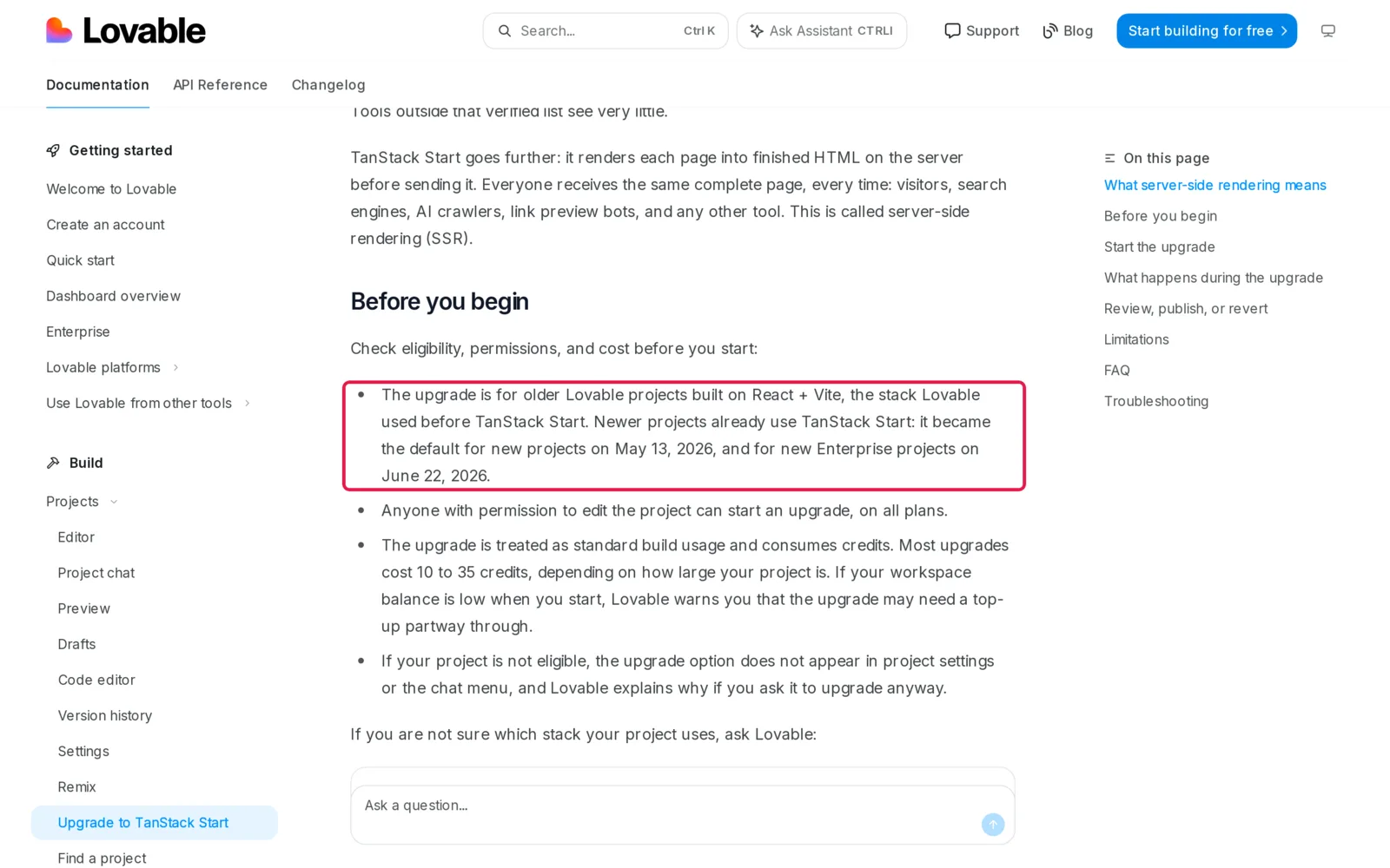 Lovable docs page stating TanStack Start became the default for new projects on May 13, 2026