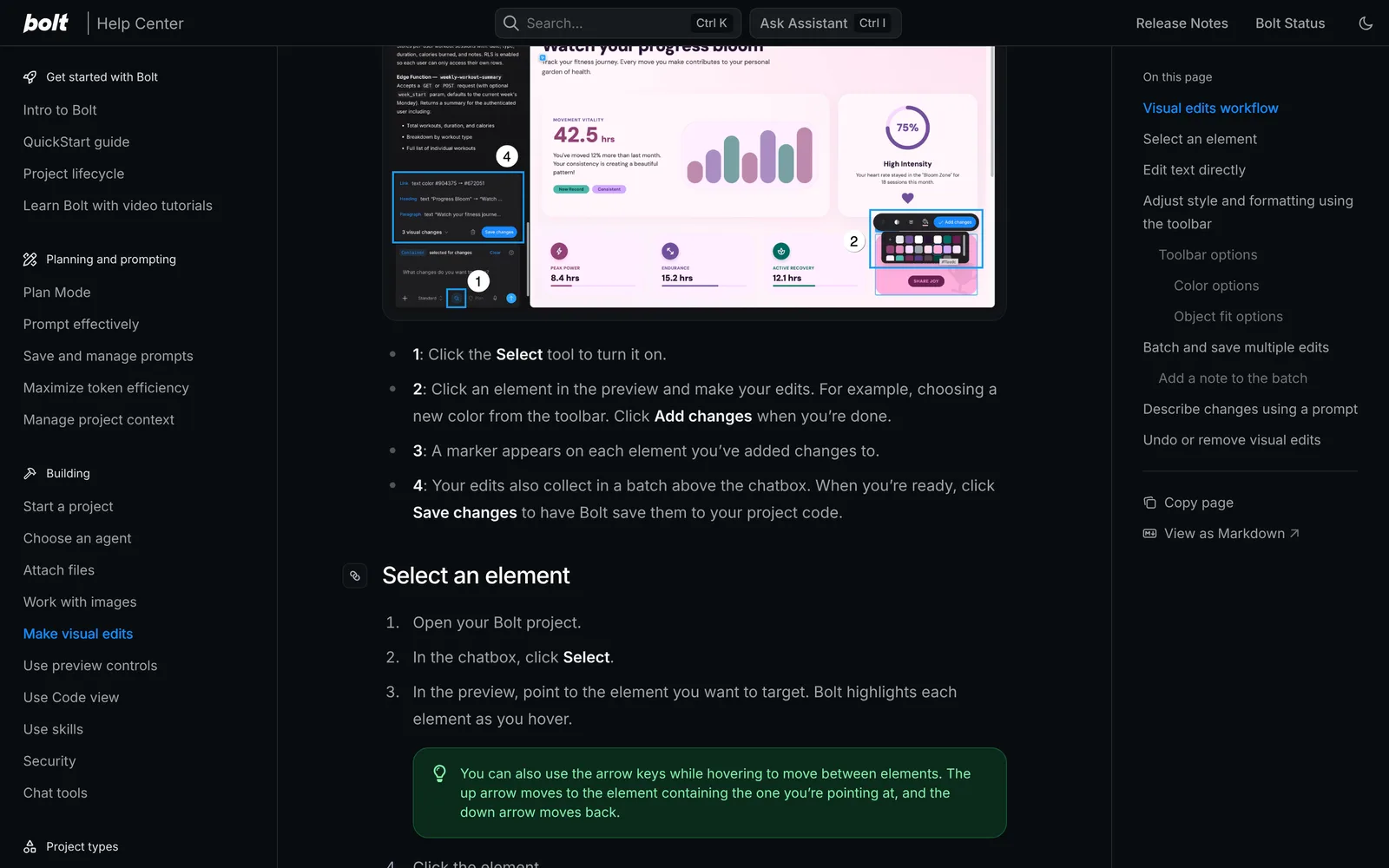 Bolt help center page on visual edits showing a fitness app preview with a color picker toolbar on a selected element, a batch of three visual changes above the chatbox, and numbered workflow steps