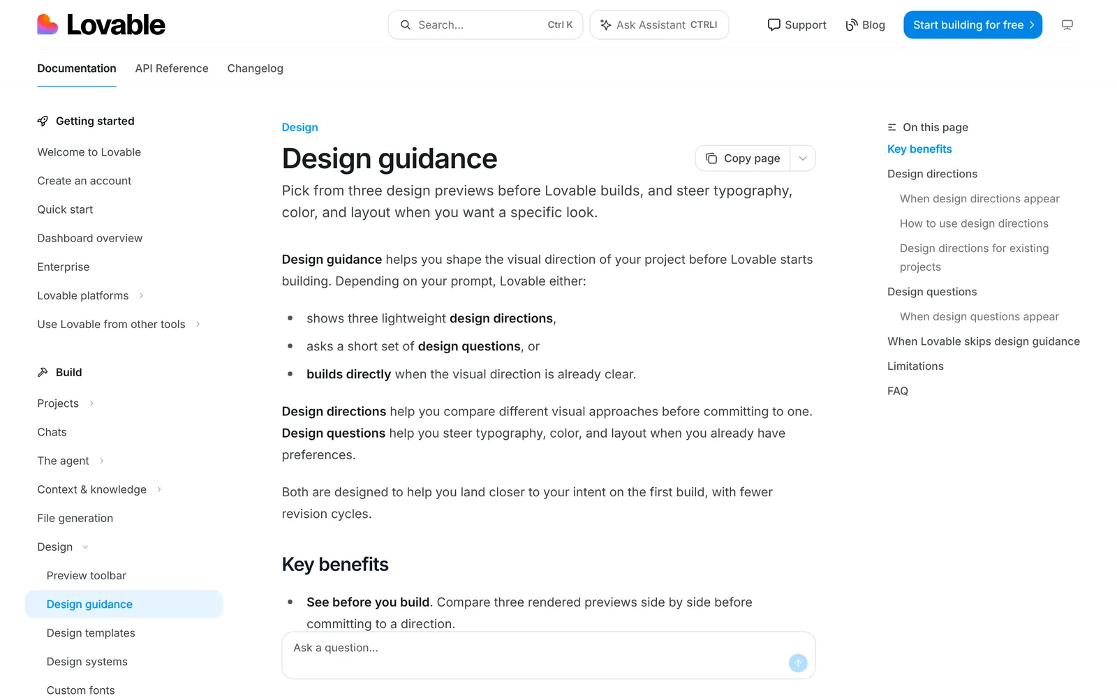Lovable documentation page for Design guidance: pick from three design previews before Lovable builds, with bullets for design directions, design questions and building directly