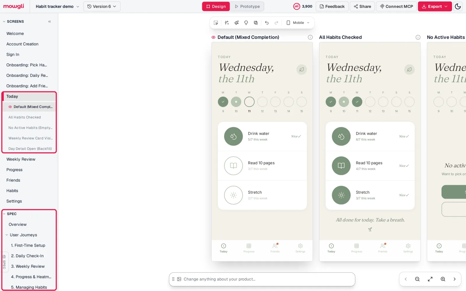 Mowgli canvas for a habit tracker app: the sidebar highlights the Today screen with five states (default, all habits checked, no active habits empty state, weekly review card, day detail) and the spec's user journeys, with two Today states side by side on the canvas