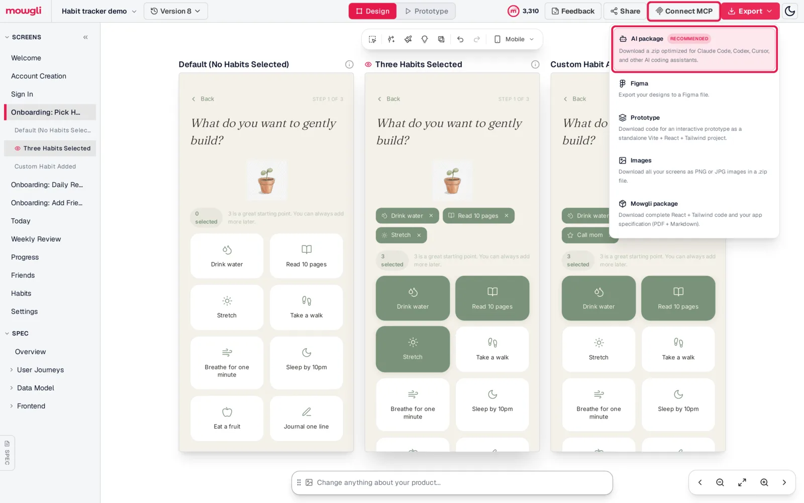 Mowgli export menu open over a habit tracker onboarding screen, with AI package (recommended) highlighted, plus Figma, Prototype, Images and Mowgli package options, and the Connect MCP button highlighted in the top bar