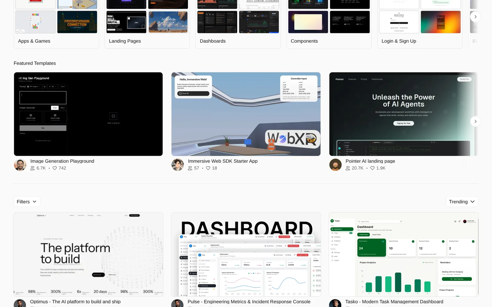 v0 templates gallery with categories for apps and games, landing pages, dashboards, components and login screens, featured community templates, and trending dashboard templates