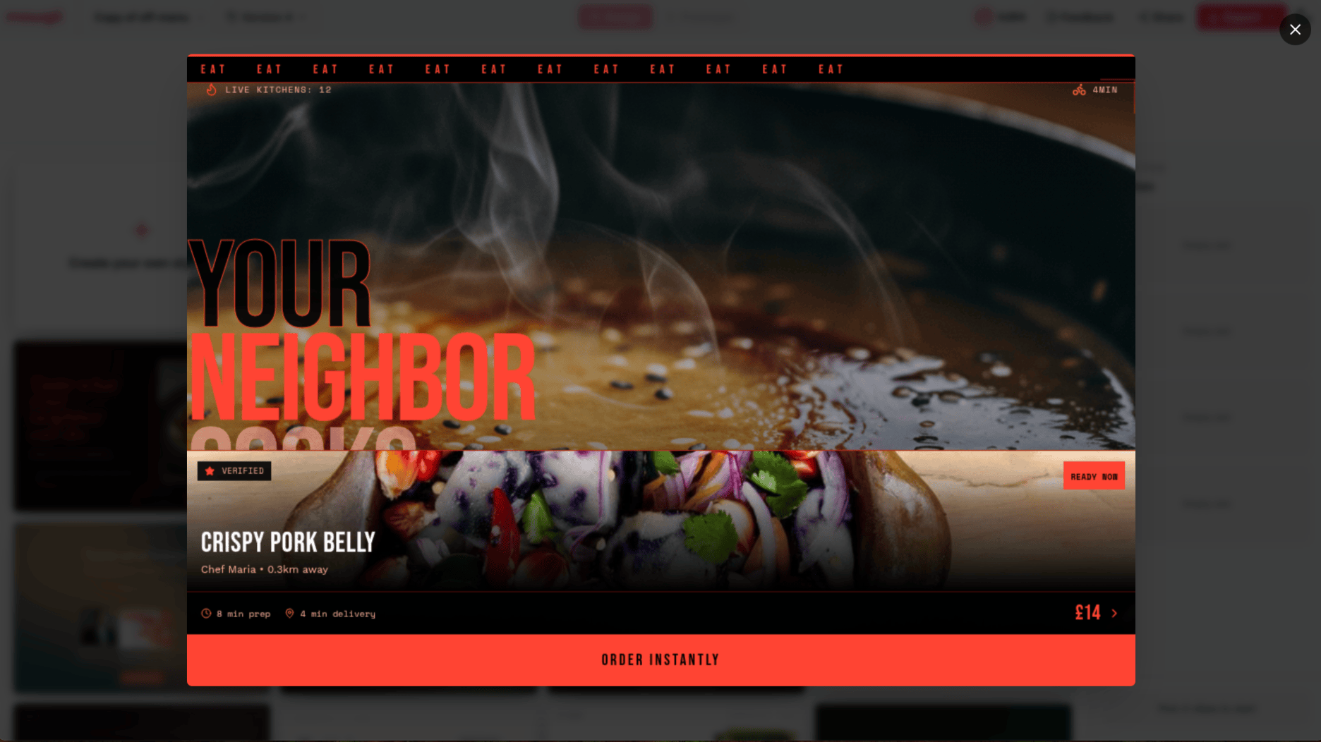 Mowgli moodboard direction — dark coral red, full-bleed food photography, marquee typography "YOUR NEIGHBOR COOKS"