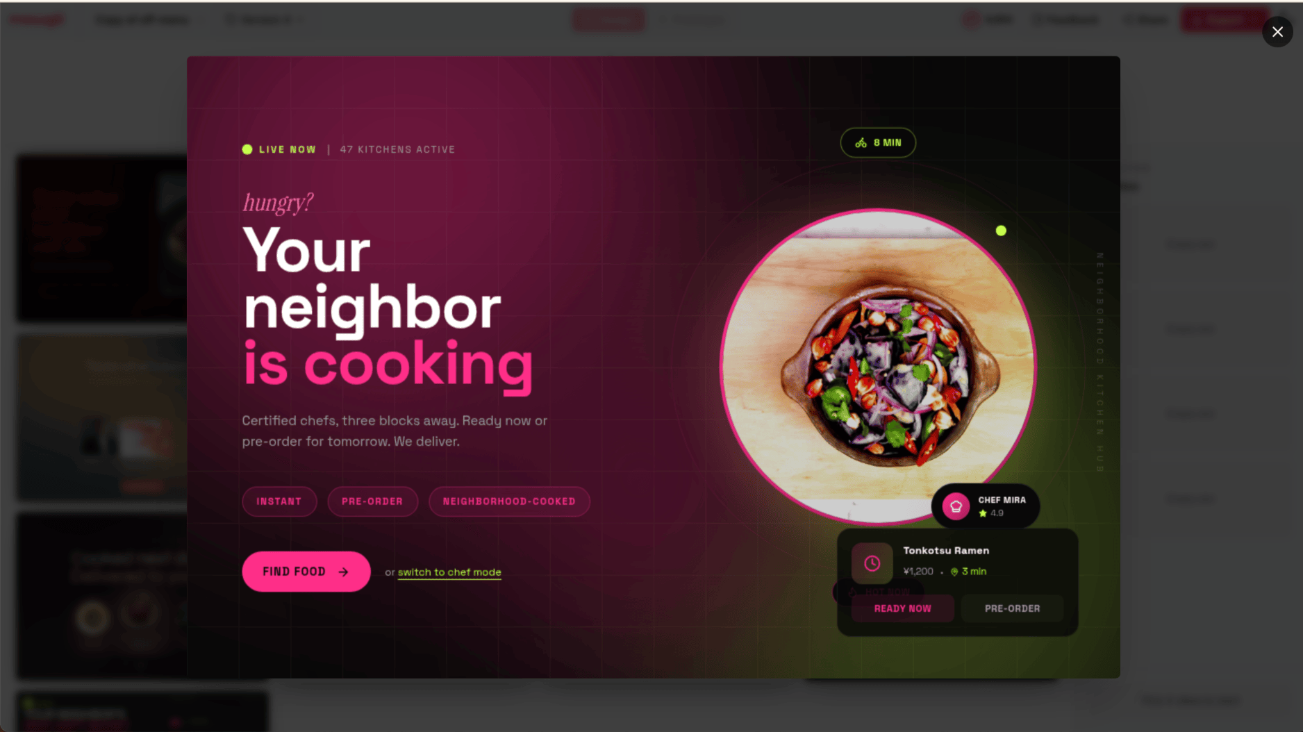 Mowgli moodboard direction — dark magenta gradient, warm and intimate tone, "Your neighbor is cooking"
