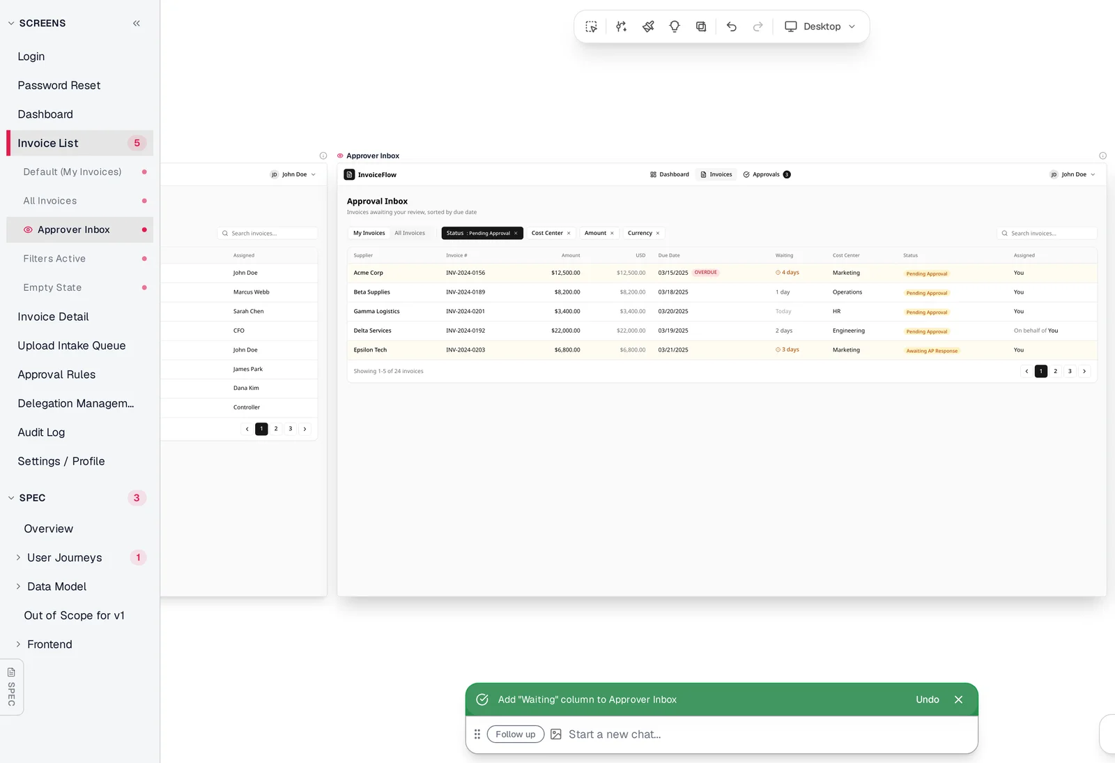Approval Inbox wireframe after a chat edit: a new Waiting column shows 4 days, 1 day, Today, 2 days and 3 days, rows past the 2-day reminder are highlighted, and a toast reads Add Waiting column to Approver Inbox with an Undo button