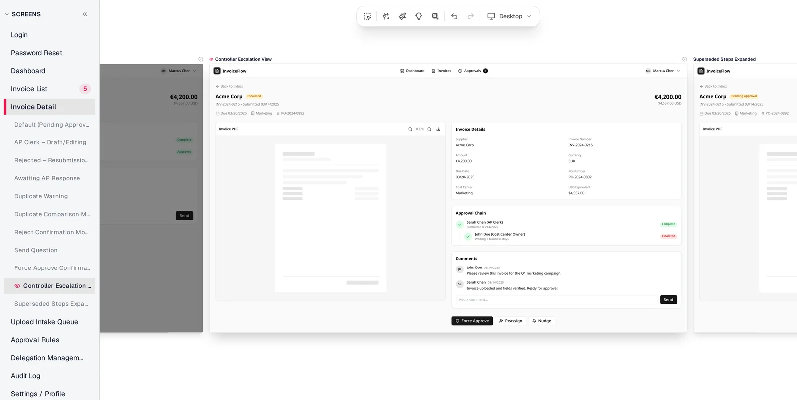 Mowgli canvas with the screens sidebar listing Invoice Detail's 11 states and the Controller Escalation View state selected, showing an Escalated badge, the approval chain waiting 7 business days, and Force Approve, Reassign and Nudge buttons