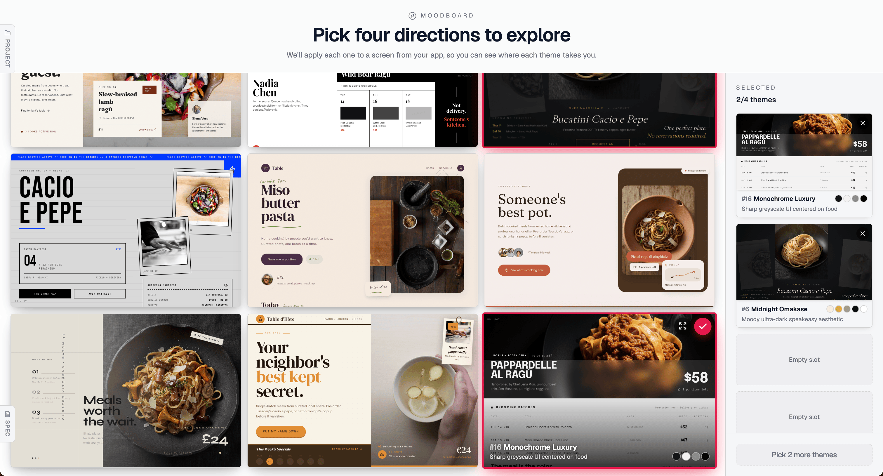 Mowgli moodboard grid — 2 of 4 themes selected, food marketplace product, directions including Monochrome Luxury and Midnight Omakase