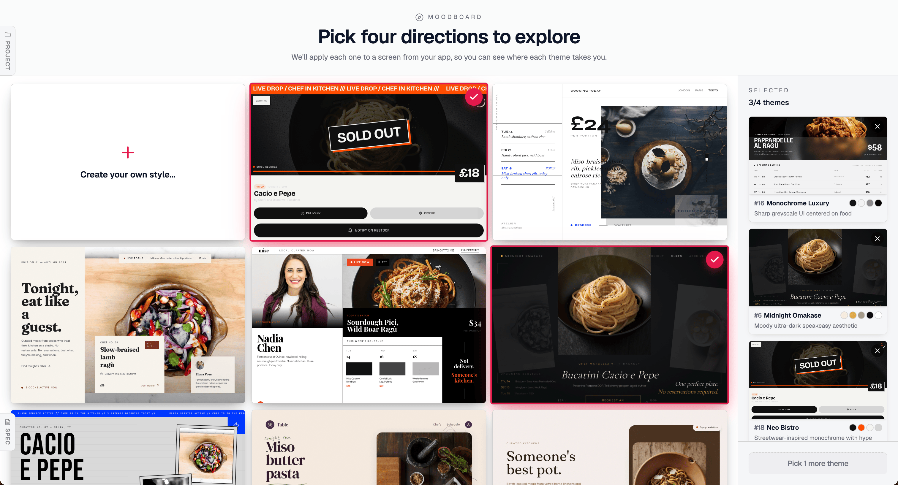 Mowgli moodboard grid — 3 of 4 themes selected, further directions including Neo Bistro added to shortlist