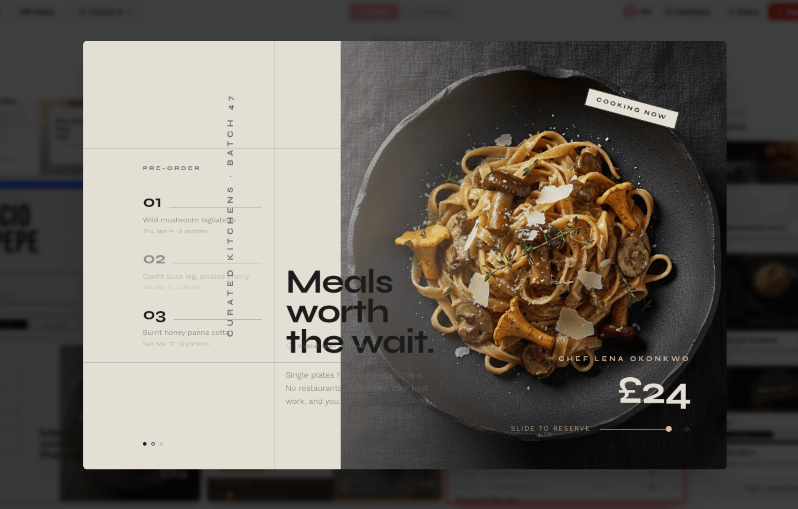 Mowgli moodboard direction — "Avant-Garde Gallery", stark editorial, "Meals worth the wait", large food photography